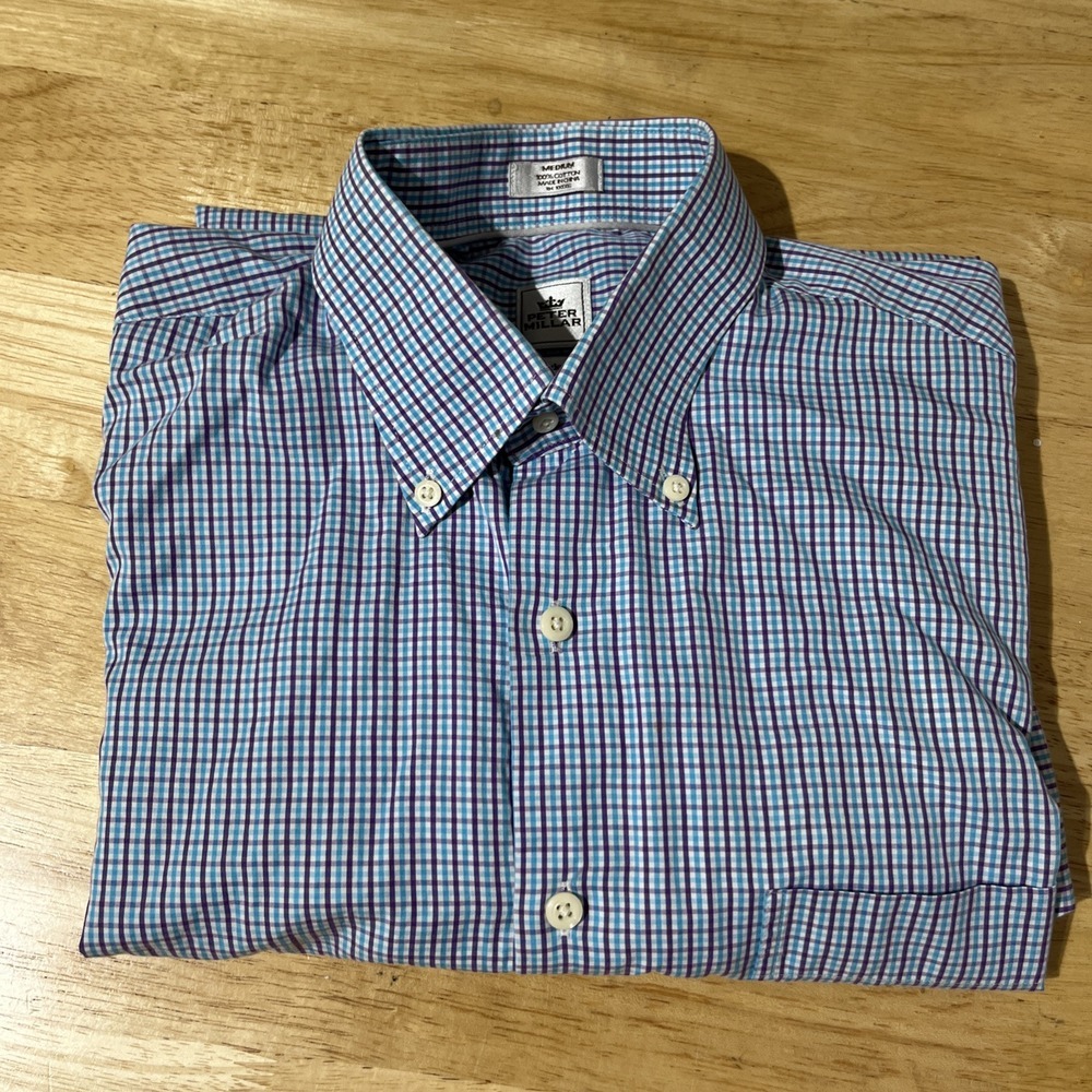 Peter Millar‎ Shirt Men's Size Medium Blue Plaid Button Up Long Sleeve Cotton